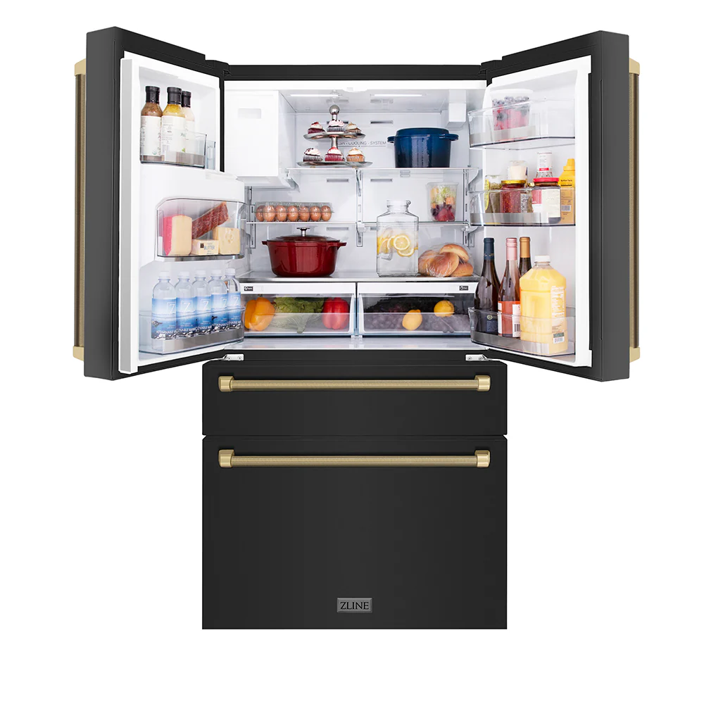 ZLINE Autograph Edition 36 in. 21.6 cu. ft. Counter-Depth French Door Refrigerator with Water and Ice Dispenser in Fingerprint-Resistant Black Stainless Steel with Champagne Bronze Helix Handles (RFMZ-W36-BS-KCB) - Image 6