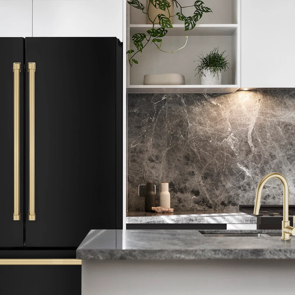 ZLINE Autograph Edition 36 in. 22.5 cu. ft. Counter-Depth French Door Refrigerator with Ice Maker in Fingerprint-Resistant Black Stainless Steel and Champagne Bronze Traditional Handles (RFMZ-36-BS-CB) - Image 2