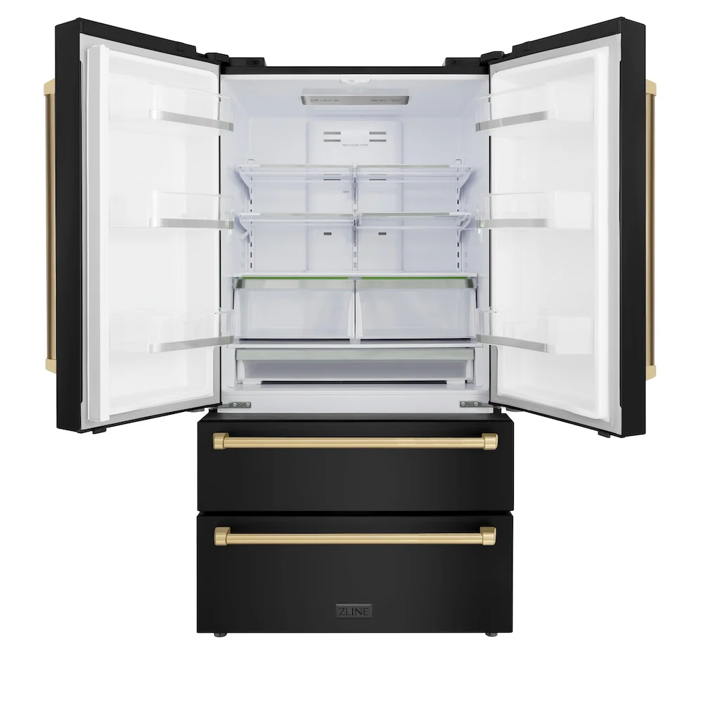 ZLINE Autograph Edition 36 in. 22.5 cu. ft. Counter-Depth French Door Refrigerator with Ice Maker in Fingerprint-Resistant Black Stainless Steel and Champagne Bronze Traditional Handles (RFMZ-36-BS-CB) - Image 3
