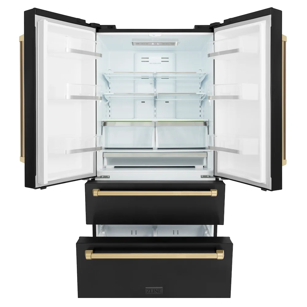 ZLINE Autograph Edition 36 in. 22.5 cu. ft. Counter-Depth French Door Refrigerator with Ice Maker in Fingerprint-Resistant Black Stainless Steel and Champagne Bronze Traditional Handles (RFMZ-36-BS-CB) - Image 4