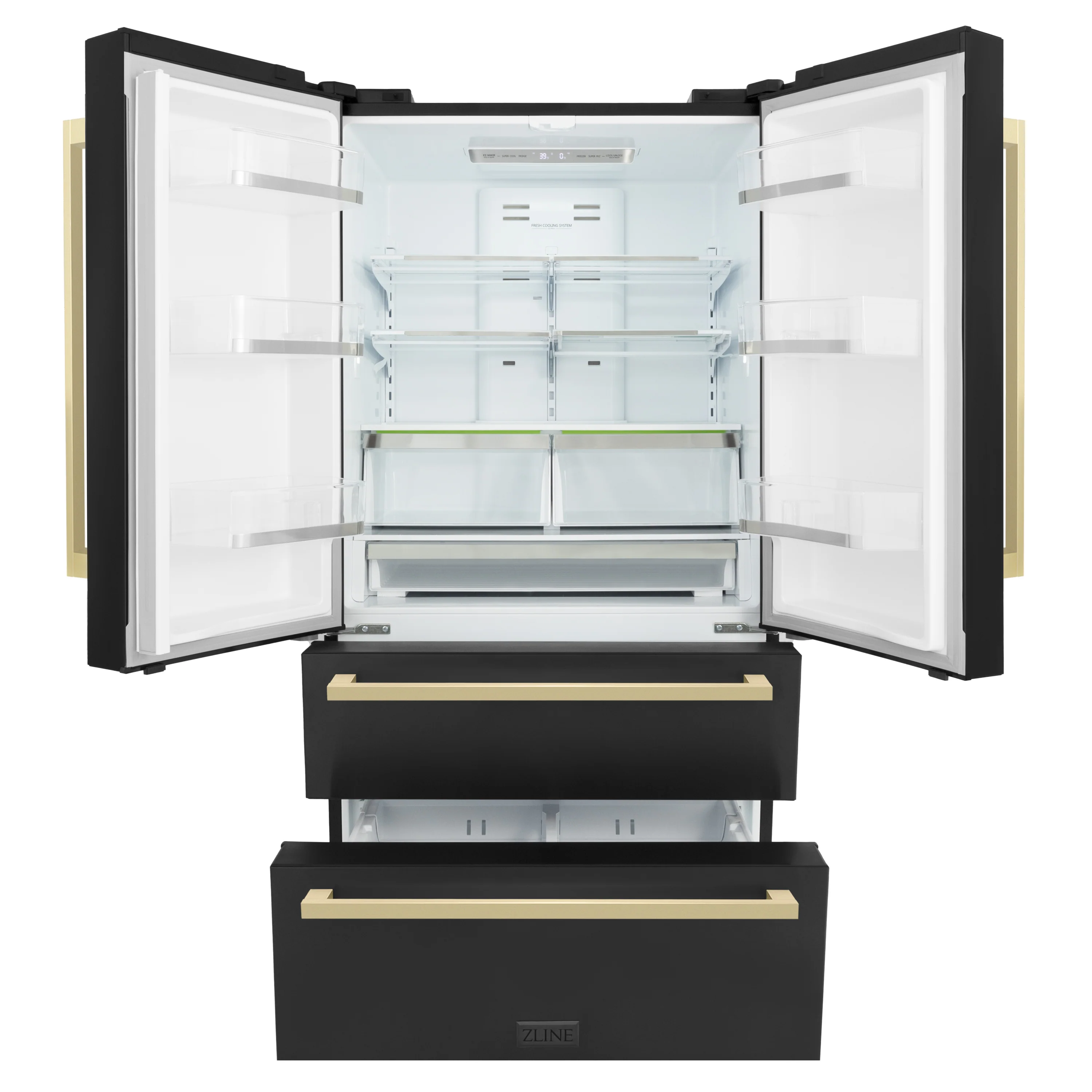 ZLINE Autograph Edition 36 in. 22.5 cu. ft. Counter-Depth French Door Refrigerator with Ice Maker in Fingerprint-Resistant Black Stainless Steel and Champagne Bronze Modern Handles (RFMZ-36-BS-FCB) - Image 3