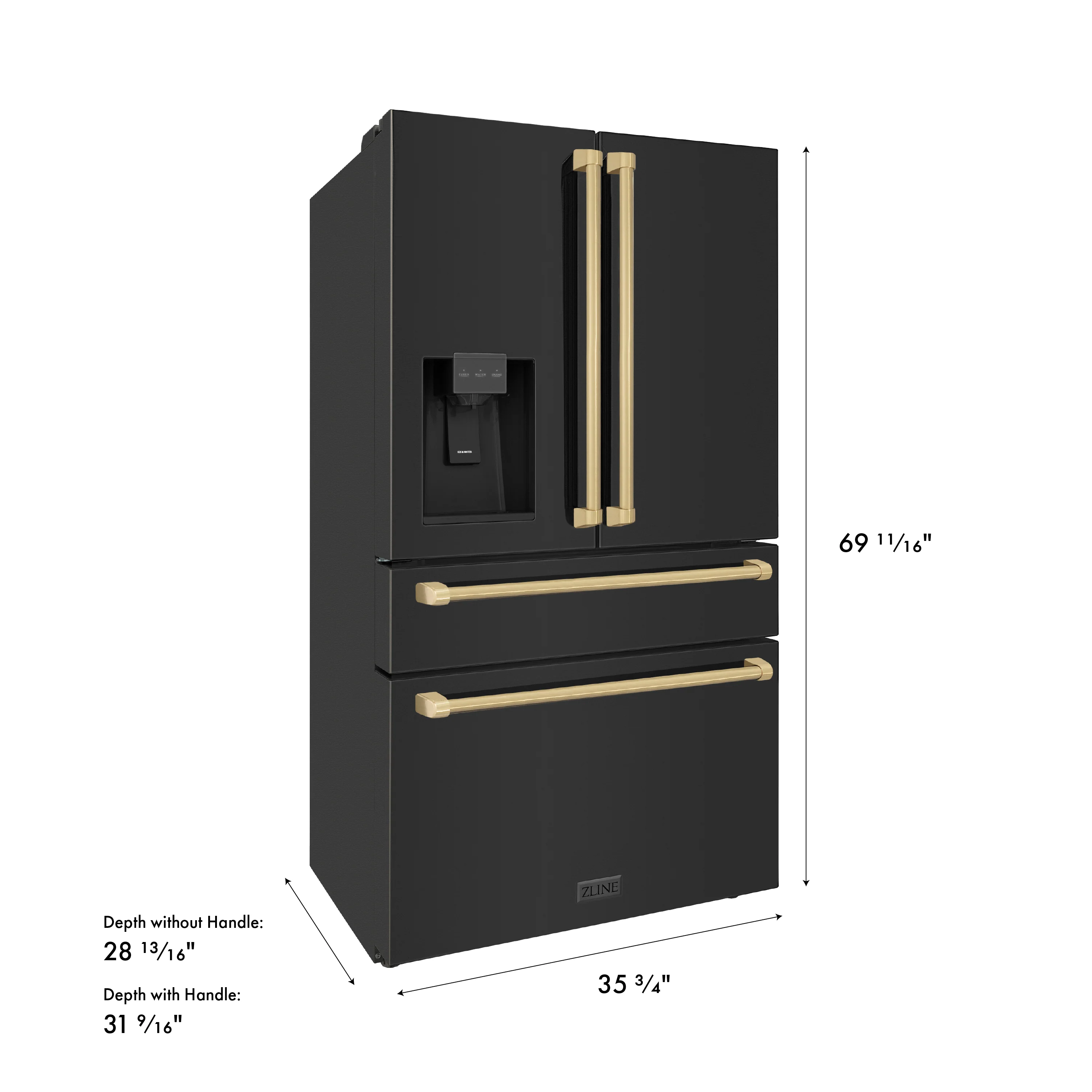 ZLINE Autograph Edition 36 in. 21.6 cu. ft Counter-Depth French Door Refrigerator with Water and Ice Dispenser in Fingerprint-Resistant Black Stainless Steel with Champagne Bronze Traditional Handles (RFMZ-W-36-BS-CB) - Image 15
