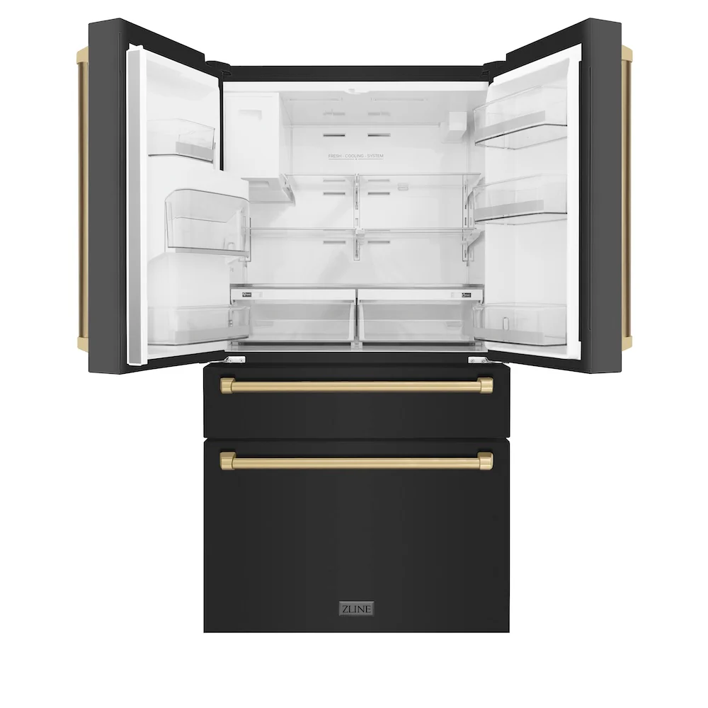 ZLINE Autograph Edition 36 in. 21.6 cu. ft Counter-Depth French Door Refrigerator with Water and Ice Dispenser in Fingerprint-Resistant Black Stainless Steel with Champagne Bronze Traditional Handles (RFMZ-W-36-BS-CB) - Image 3