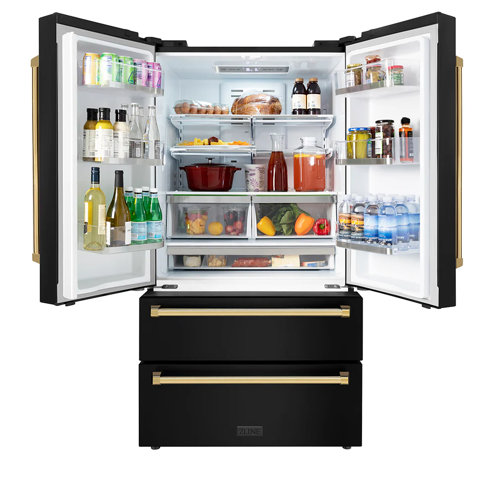 ZLINE Autograph Edition 36 in. 22.5 cu. ft. Counter-Depth French Door Refrigerator with Ice Maker in Fingerprint-Resistant Black Stainless Steel with Polished Gold Traditional Handles (RFMZ-36-BS-G) - Image 5