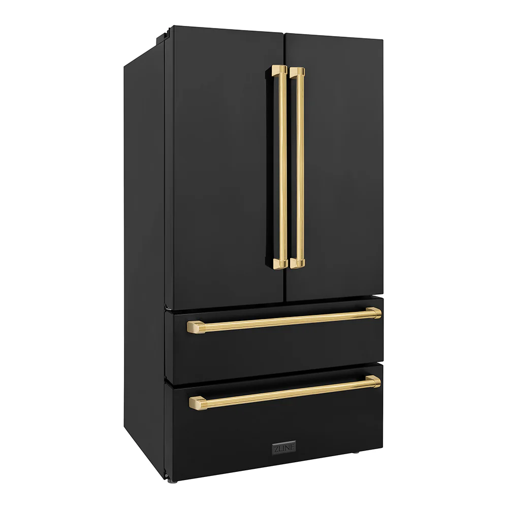 ZLINE Autograph Edition 36 in. 22.5 cu. ft. Counter-Depth French Door Refrigerator with Ice Maker in Fingerprint-Resistant Black Stainless Steel with Polished Gold Traditional Handles (RFMZ-36-BS-G) - Image 6