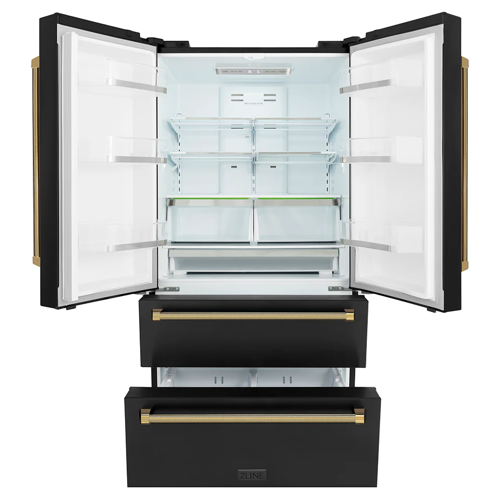 ZLINE Autograph Edition 36 in. 22.5 cu. ft. Counter-Depth French Door Refrigerator with Ice Maker in Fingerprint-Resistant Black Stainless Steel and Polished Gold Helix Handles (RFMZ-36-BS-KG) - Image 4