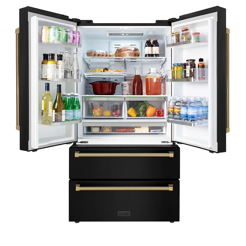ZLINE Autograph Edition 36 in. 22.5 cu. ft. Counter-Depth French Door Refrigerator with Ice Maker in Fingerprint-Resistant Black Stainless Steel and Polished Gold Helix Handles (RFMZ-36-BS-KG) - Image 5