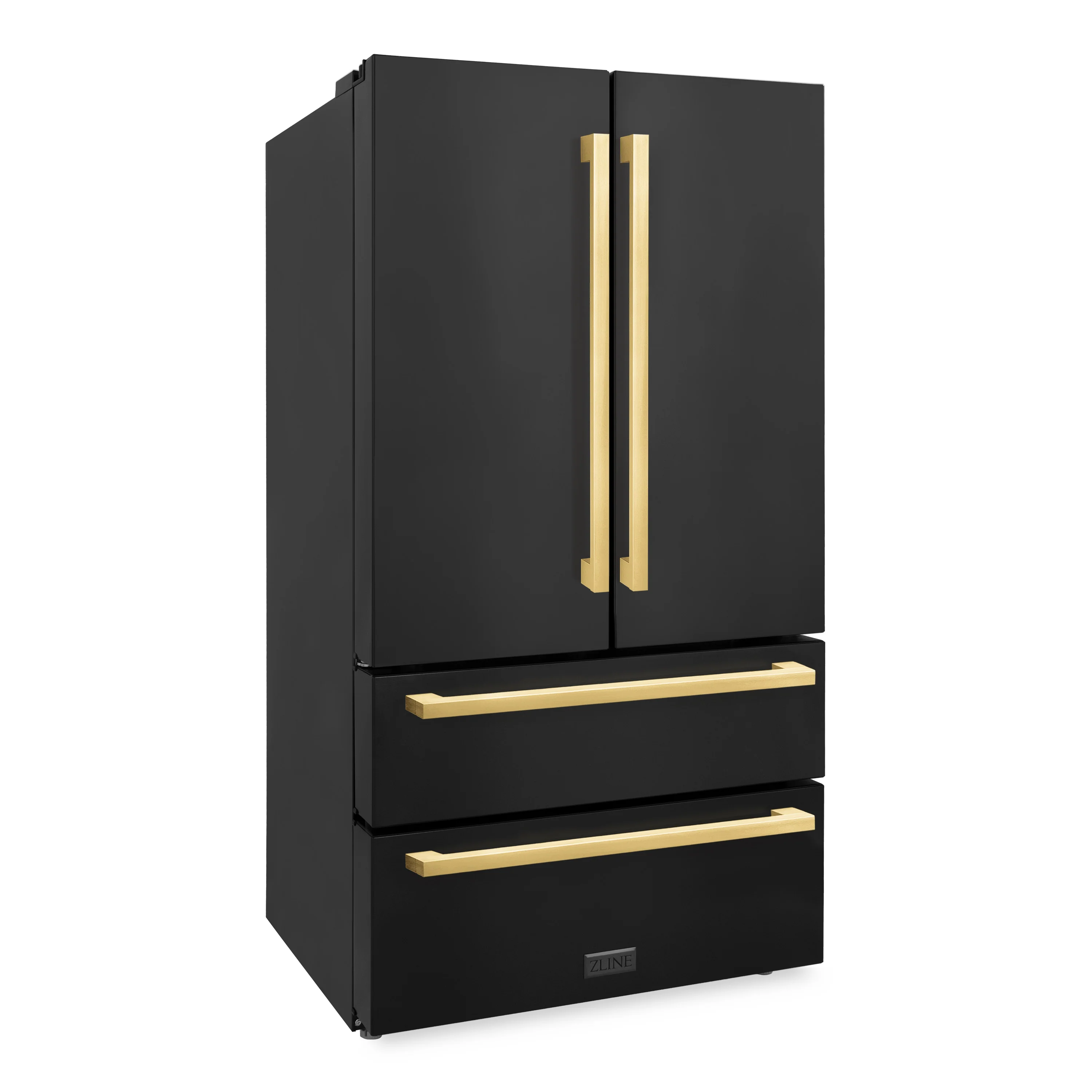 ZLINE Autograph Edition 36 in. 22.5 cu. ft. Counter-Depth French Door Refrigerator with Ice Maker in Fingerprint-Resistant Black Stainless Steel and Polished Gold Modern Handles (RFMZ-36-BS-FG) - Image 2