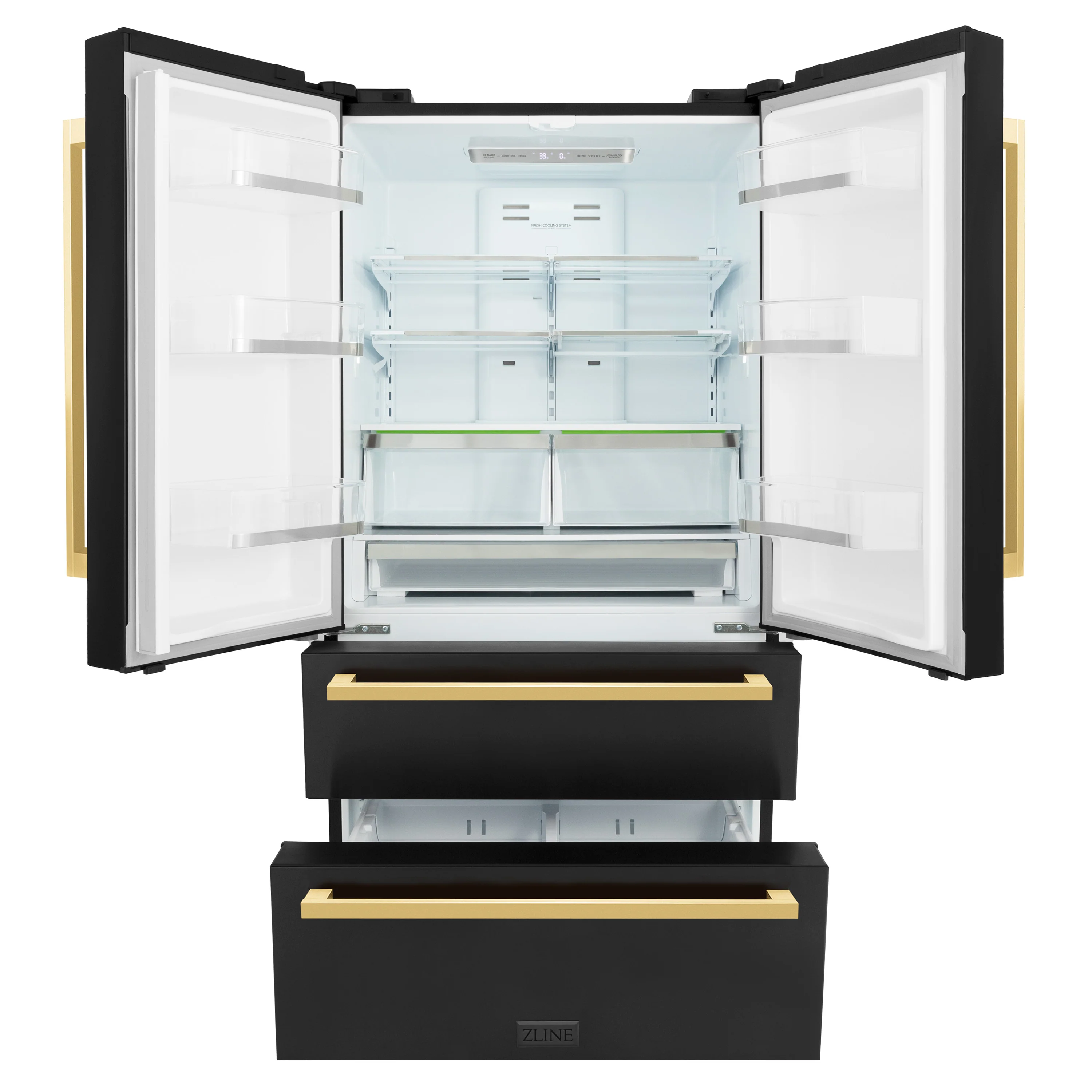 ZLINE Autograph Edition 36 in. 22.5 cu. ft. Counter-Depth French Door Refrigerator with Ice Maker in Fingerprint-Resistant Black Stainless Steel and Polished Gold Modern Handles (RFMZ-36-BS-FG) - Image 3