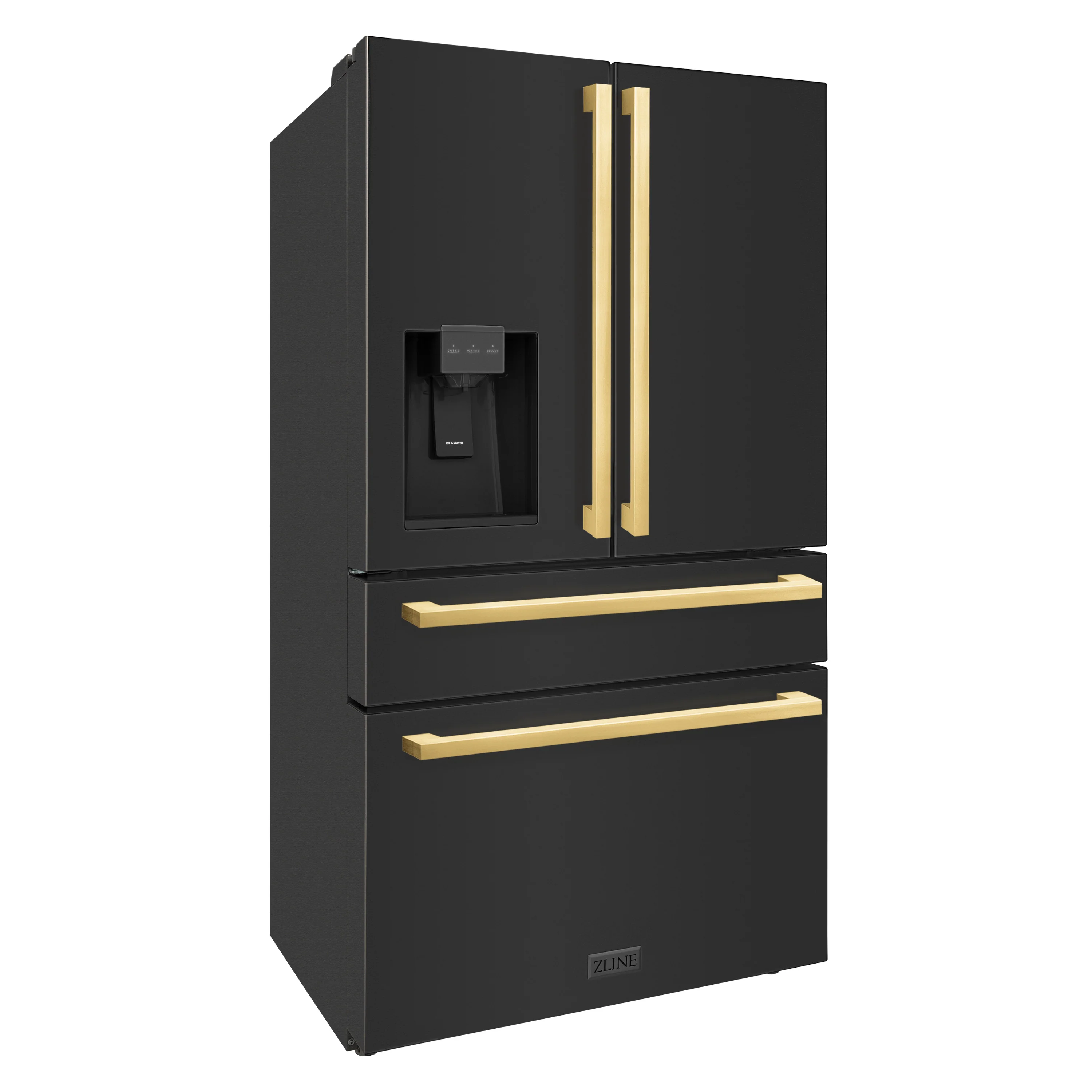 ZLINE Autograph Edition 36 in. 21.6 cu. ft. Counter-Depth French Door Refrigerator with Water and Ice Dispenser in Fingerprint-Resistant Black Stainless Steel with Polished Gold Modern Handles (RFMZ-W-36-BS-FG) - Image 2