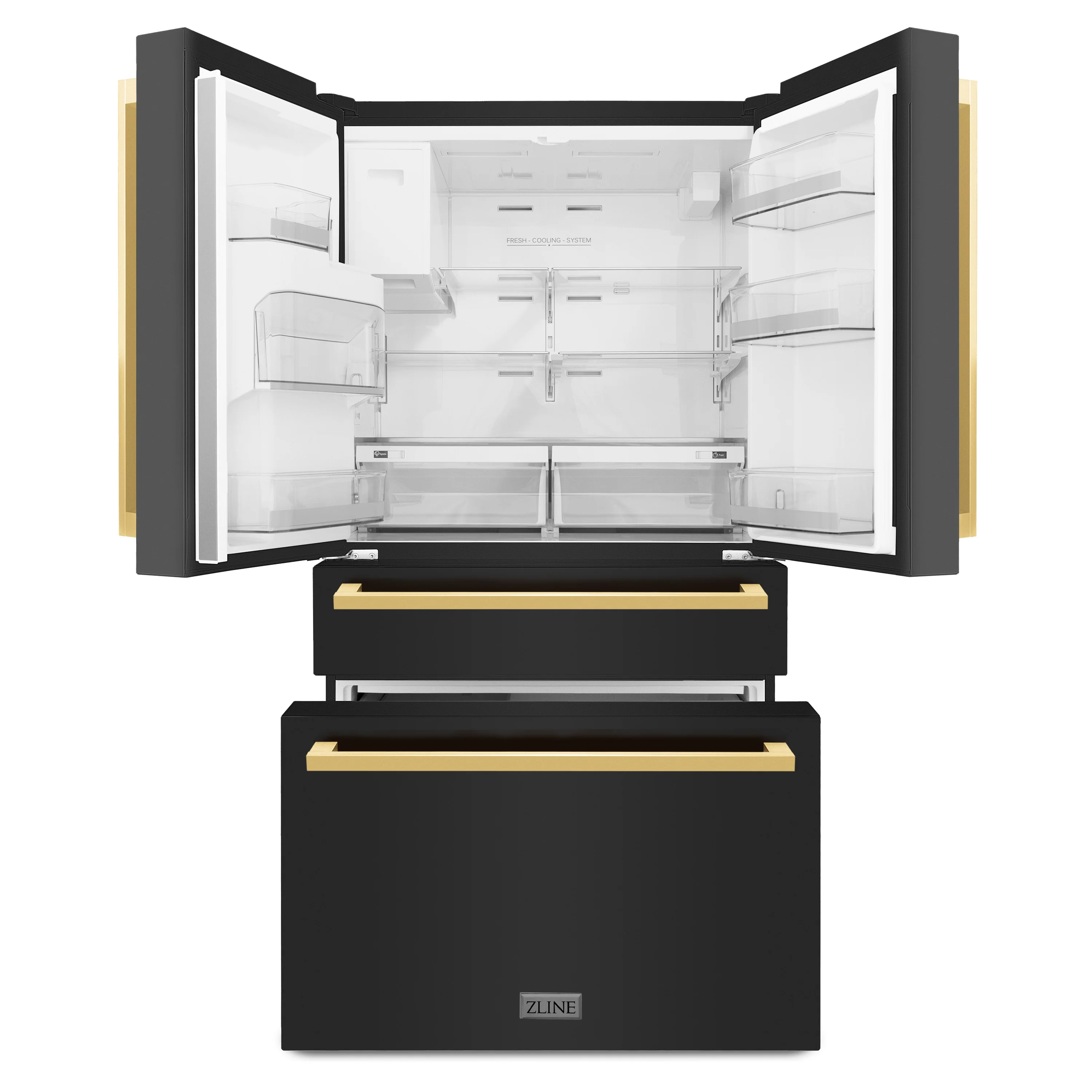 ZLINE Autograph Edition 36 in. 21.6 cu. ft. Counter-Depth French Door Refrigerator with Water and Ice Dispenser in Fingerprint-Resistant Black Stainless Steel with Polished Gold Modern Handles (RFMZ-W-36-BS-FG) - Image 3