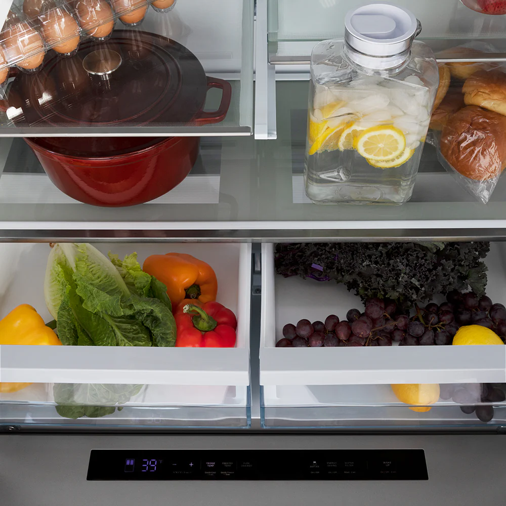ZLINE Autograph Edition 36 in. 21.6 cu. ft. Counter-Depth French Door Refrigerator with Water and Ice Dispenser in Fingerprint-Resistant Stainless Steel with Champagne Bronze Helix Handles (RFMZ-W-36-KCB) - Image 10