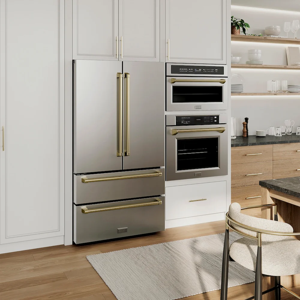 ZLINE Autograph Edition 36 in. 22.5 cu. ft. Counter-Depth French Door Refrigerator with Ice Maker in Fingerprint-Resistant Stainless Steel with Champagne Bronze Traditional Handles (RFMZ-36-CB) - Image 2
