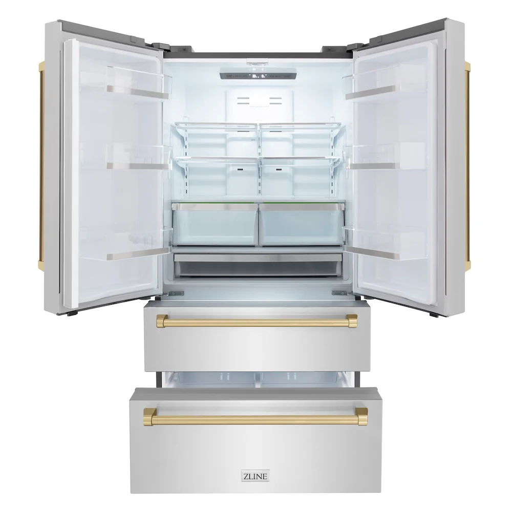 ZLINE Autograph Edition 36 in. 22.5 cu. ft. Counter-Depth French Door Refrigerator with Ice Maker in Fingerprint-Resistant Stainless Steel with Champagne Bronze Traditional Handles (RFMZ-36-CB) - Image 3