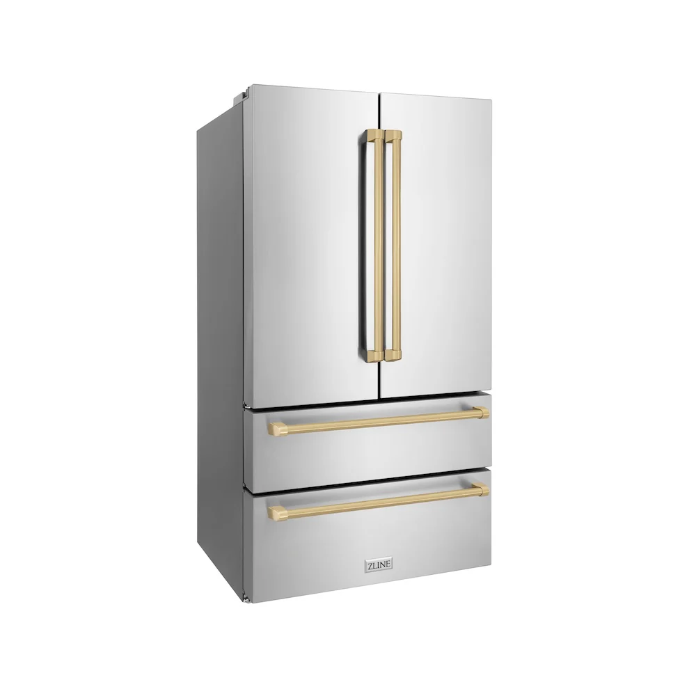ZLINE Autograph Edition 36 in. 22.5 cu. ft. Counter-Depth French Door Refrigerator with Ice Maker in Fingerprint-Resistant Stainless Steel with Champagne Bronze Traditional Handles (RFMZ-36-CB) - Image 5