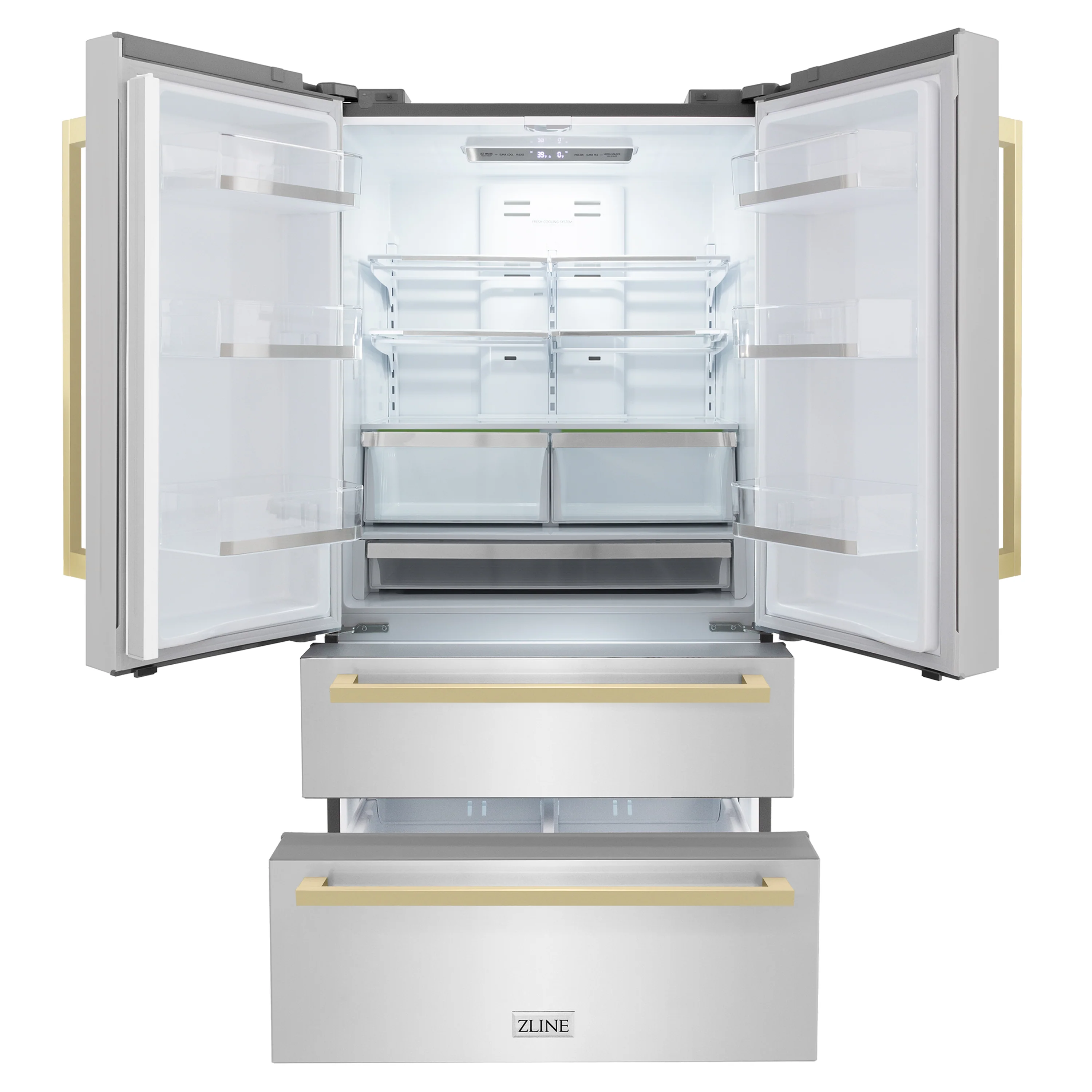ZLINE Autograph Edition 36 in. 22.5 cu. ft. Counter-Depth French Door Refrigerator with Ice Maker in Fingerprint-Resistant Stainless Steel with Champagne Bronze Modern Handles (RFMZ-36-FCB) - Image 3