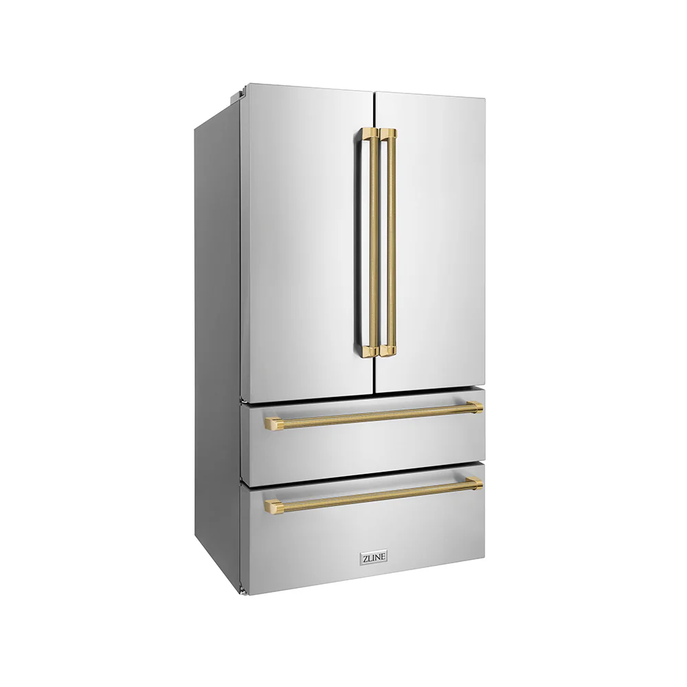 ZLINE Autograph Edition 36 in. 22.5 cu. ft. Counter-Depth French Door Refrigerator with Ice Maker in Fingerprint-Resistant Stainless Steel and Polished Gold Helix Handles (RFMZ-36-KG) - Image 3