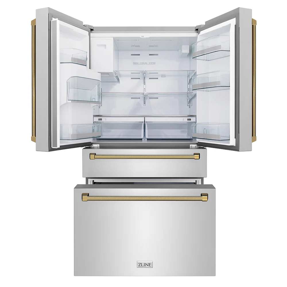 ZLINE Autograph Edition 36 in. 22.5 cu. ft. Counter-Depth French Door Refrigerator with Ice Maker in Fingerprint-Resistant Stainless Steel and Polished Gold Helix Handles (RFMZ-36-KG) - Image 4