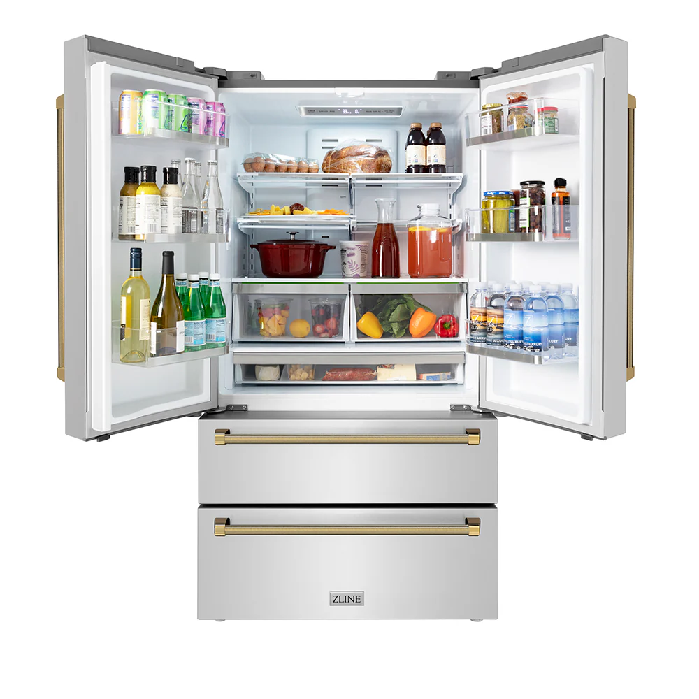 ZLINE Autograph Edition 36 in. 22.5 cu. ft. Counter-Depth French Door Refrigerator with Ice Maker in Fingerprint-Resistant Stainless Steel and Polished Gold Helix Handles (RFMZ-36-KG) - Image 5