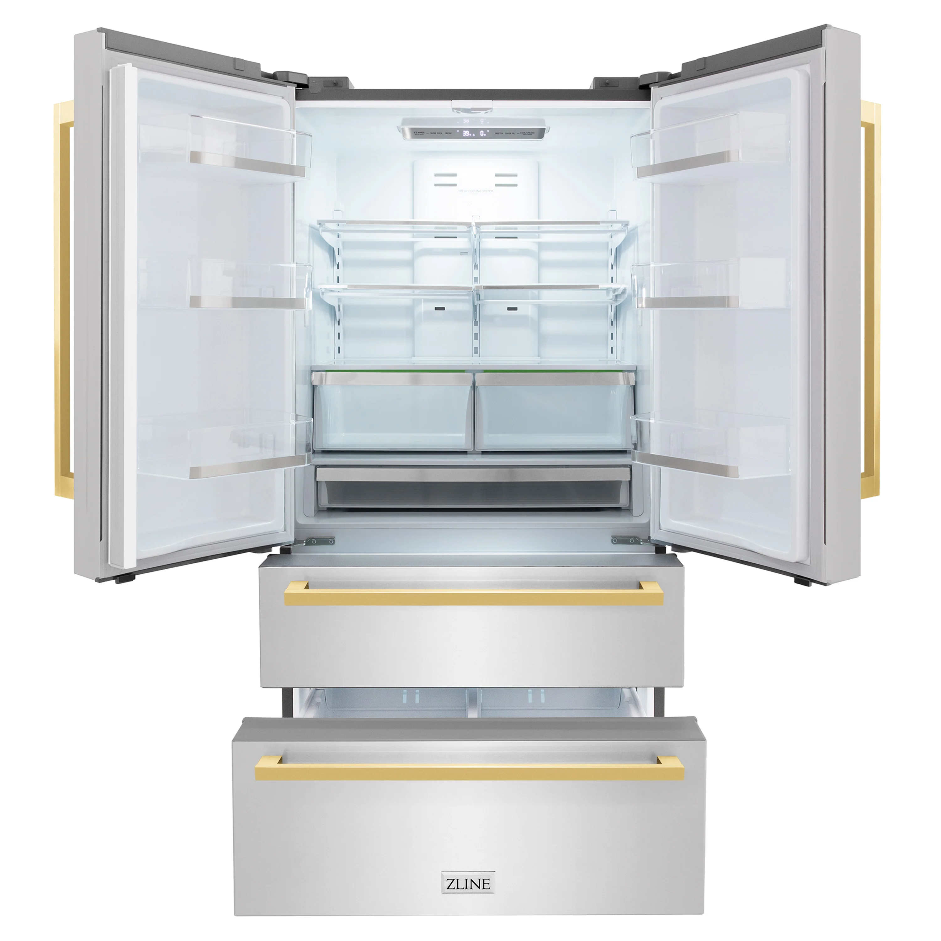 ZLINE Autograph Edition 36 in. 22.5 cu. ft. Counter-Depth French Door Refrigerator with Ice Maker in Fingerprint-Resistant Stainless Steel with Polished Gold Modern Handles (RFMZ-36-FG) - Image 2