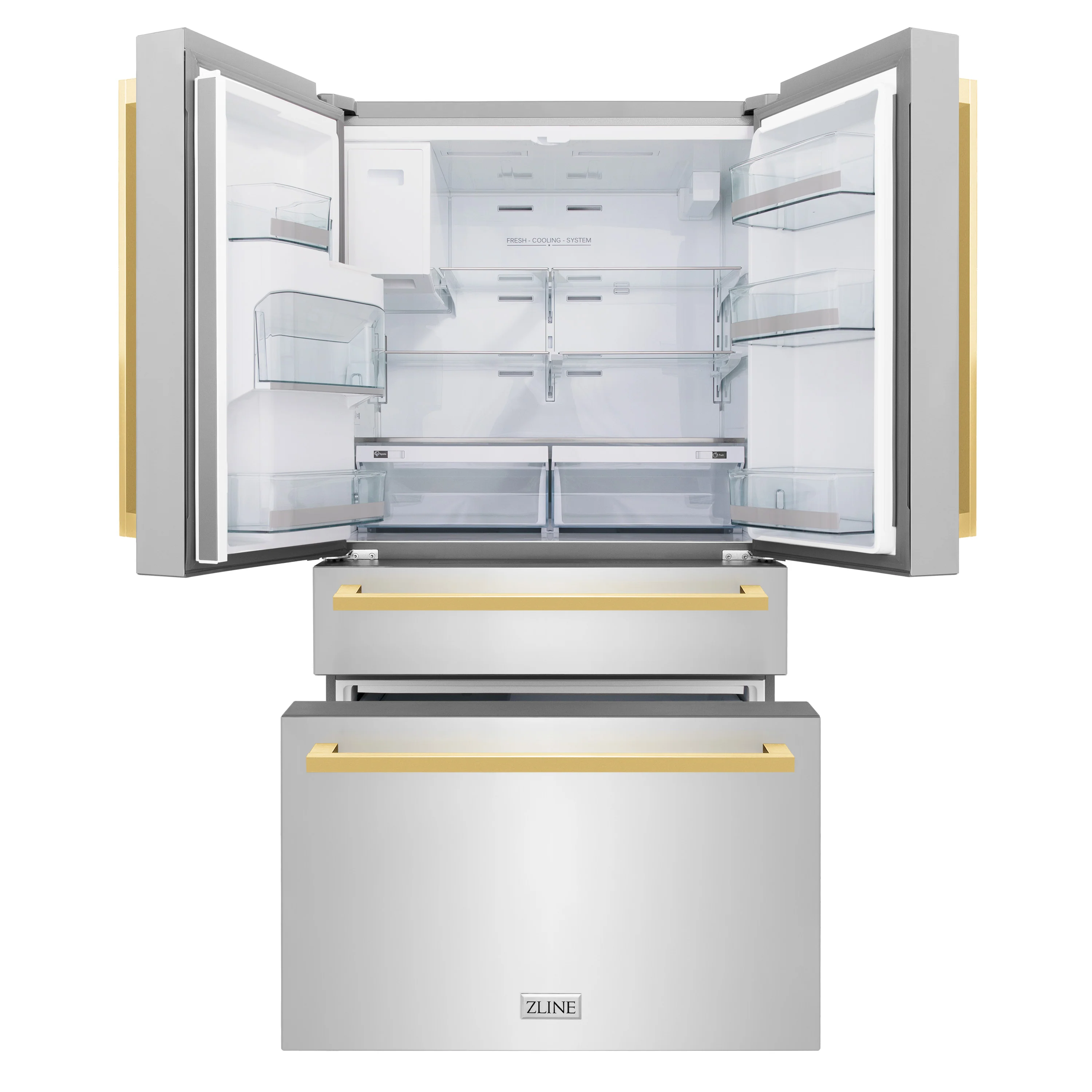 ZLINE Autograph Edition 36 in. 21.6 cu. ft. Counter-Depth French Door Refrigerator with Water and Ice Dispenser in Fingerprint-Resistant Stainless Steel with Polished Gold Modern Handles (RFMZ-W-36-FG) - Image 4