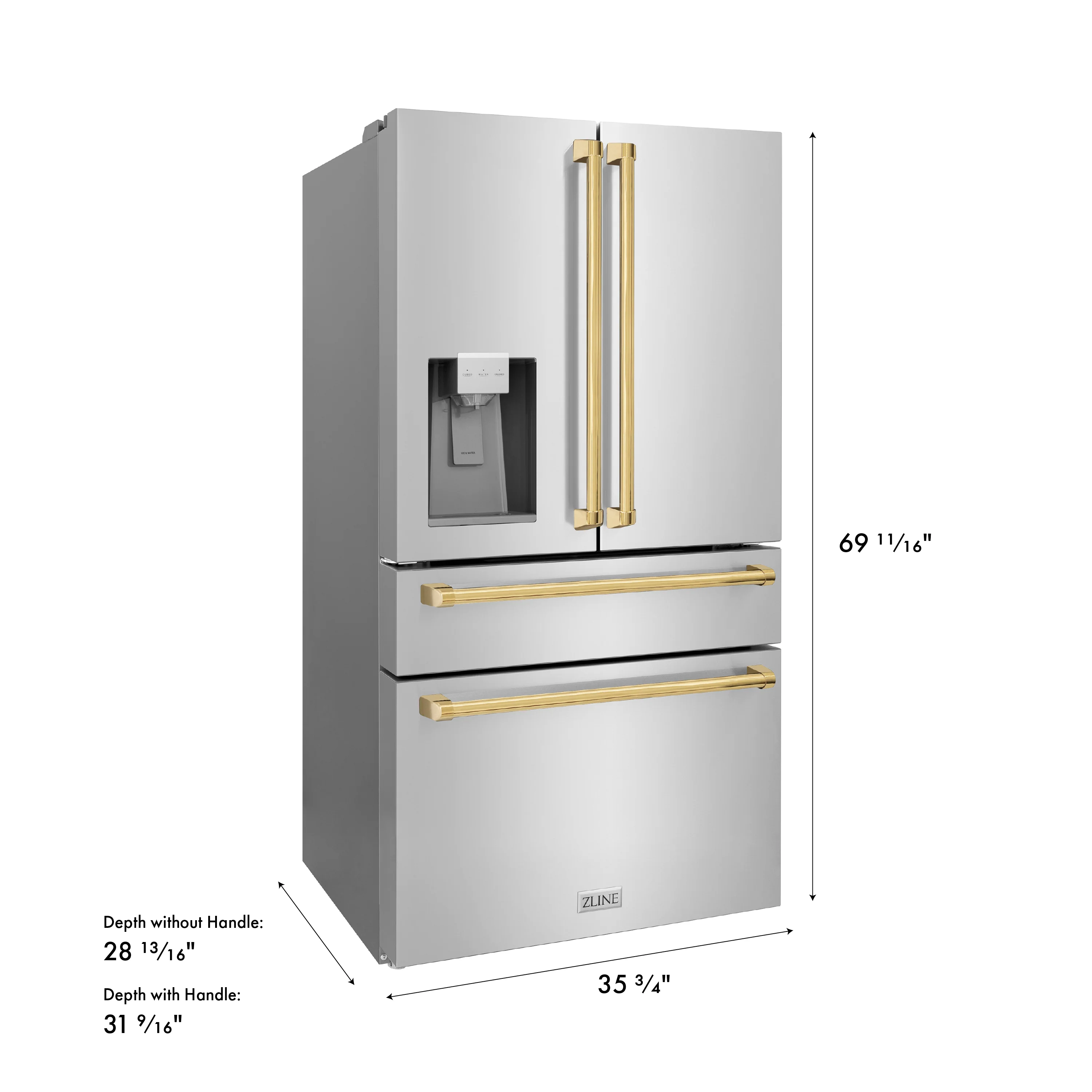 ZLINE Autograph Edition 36 in. 21.6 cu. ft. Counter-Depth French Door Refrigerator with Water and Ice Dispenser in Fingerprint-Resistant Stainless Steel with Polished Gold Traditional Handles (RFMZ-W-36-G) - Image 18