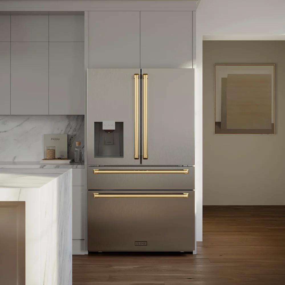 ZLINE Autograph Edition 36 in. 21.6 cu. ft. Counter-Depth French Door Refrigerator with Water and Ice Dispenser in Fingerprint-Resistant Stainless Steel with Polished Gold Traditional Handles (RFMZ-W-36-G) - Image 2