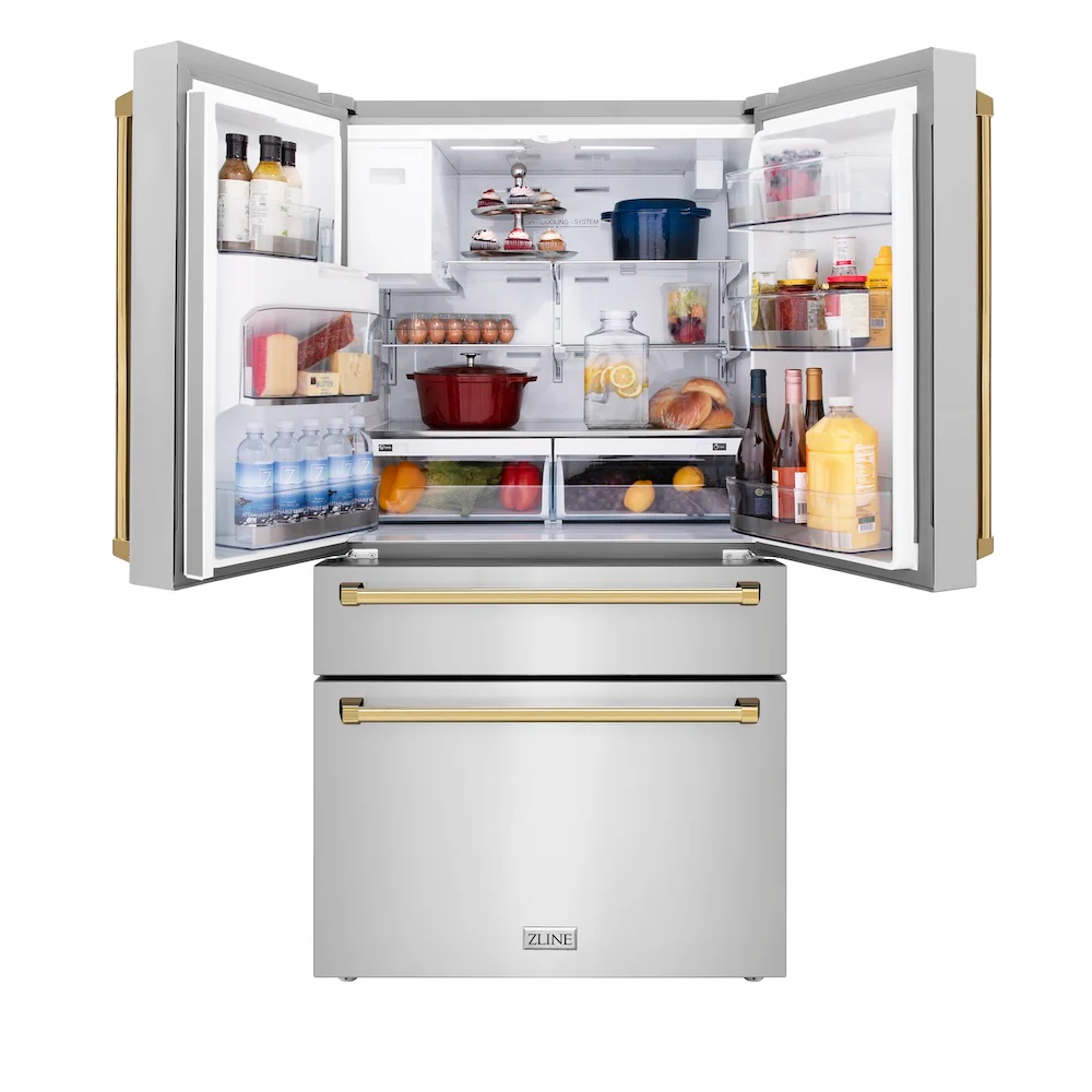 ZLINE Autograph Edition 36 in. 21.6 cu. ft. Counter-Depth French Door Refrigerator with Water and Ice Dispenser in Fingerprint-Resistant Stainless Steel with Polished Gold Traditional Handles (RFMZ-W-36-G) - Image 6