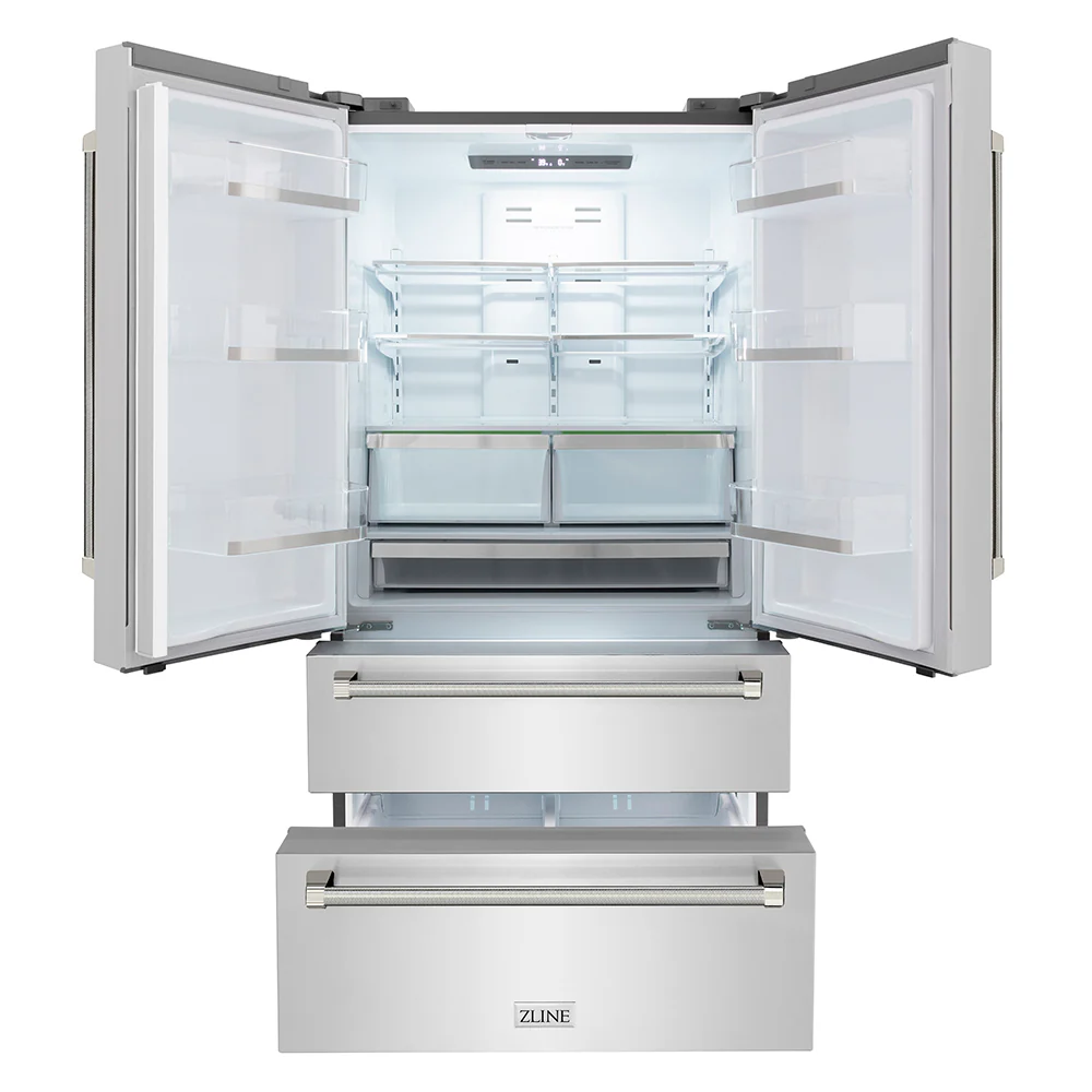 ZLINE Autograph Edition 36 in. 22.5 cu. ft. Counter-Depth French Door Refrigerator with Ice Maker in Fingerprint-Resistant Stainless Steel and Polished Nickel Helix Handles (RFMZ-36-KPN) - Image 4