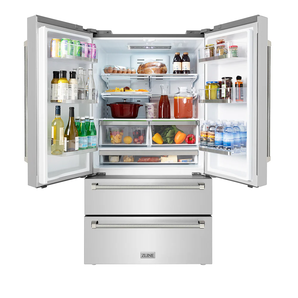 ZLINE Autograph Edition 36 in. 22.5 cu. ft. Counter-Depth French Door Refrigerator with Ice Maker in Fingerprint-Resistant Stainless Steel and Polished Nickel Helix Handles (RFMZ-36-KPN) - Image 5