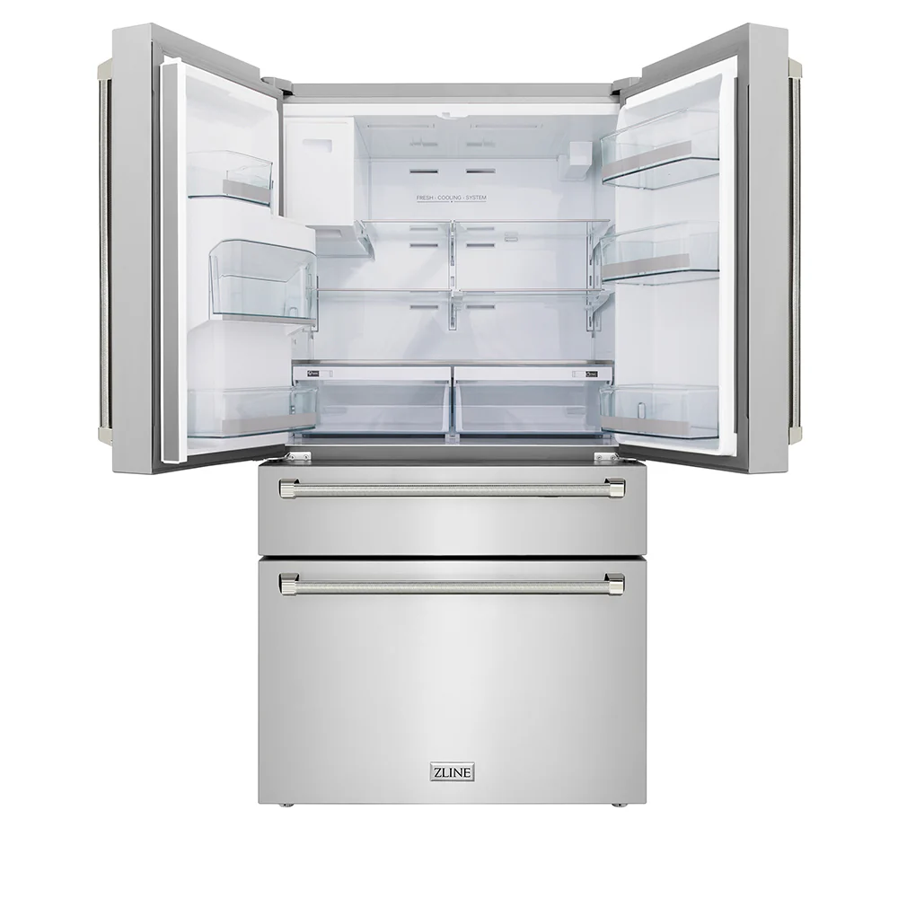 ZLINE Autograph Edition 36 in. 21.6 cu. ft. Counter-Depth French Door Refrigerator with Water and Ice Dispenser in Fingerprint-Resistant Stainless Steel with Polished Nickel Helix Handles (RFMZ-W-36-KPN) - Image 6