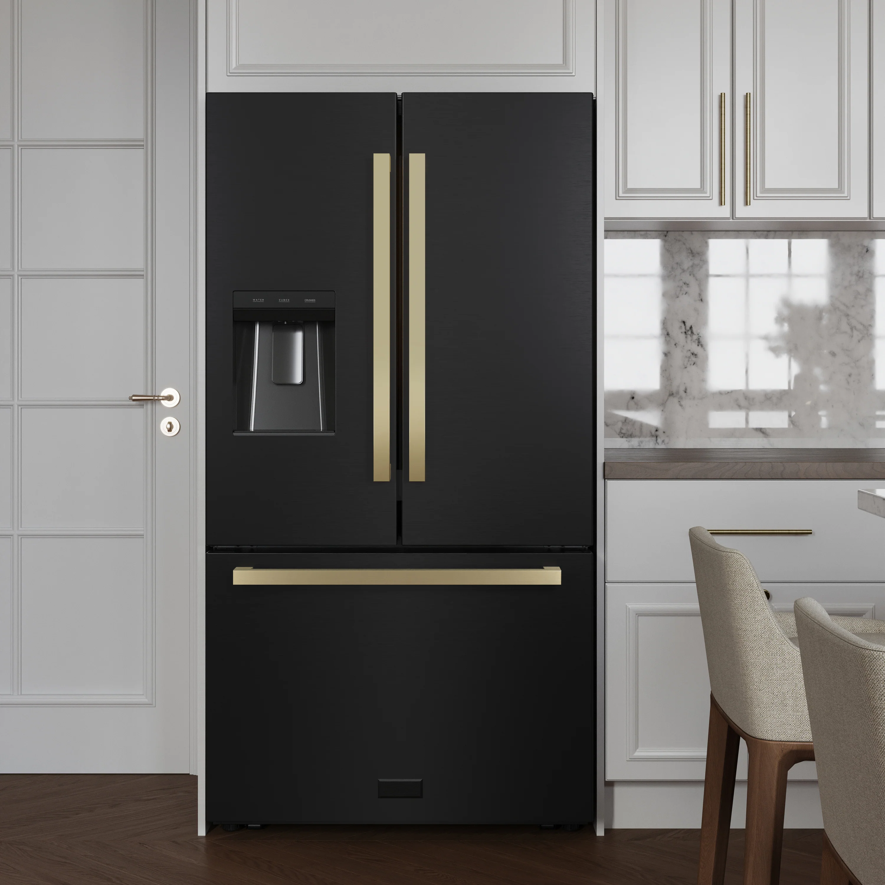 ZLINE Autograph Edition 36 in. 28.9 cu. ft. Standard-Depth French Door External Water Dispenser Refrigerator with Dual Ice Maker in Black Stainless Steel and Champagne Bronze Square Handles (RSMZ-W-36-BS-FCB) - Image 2