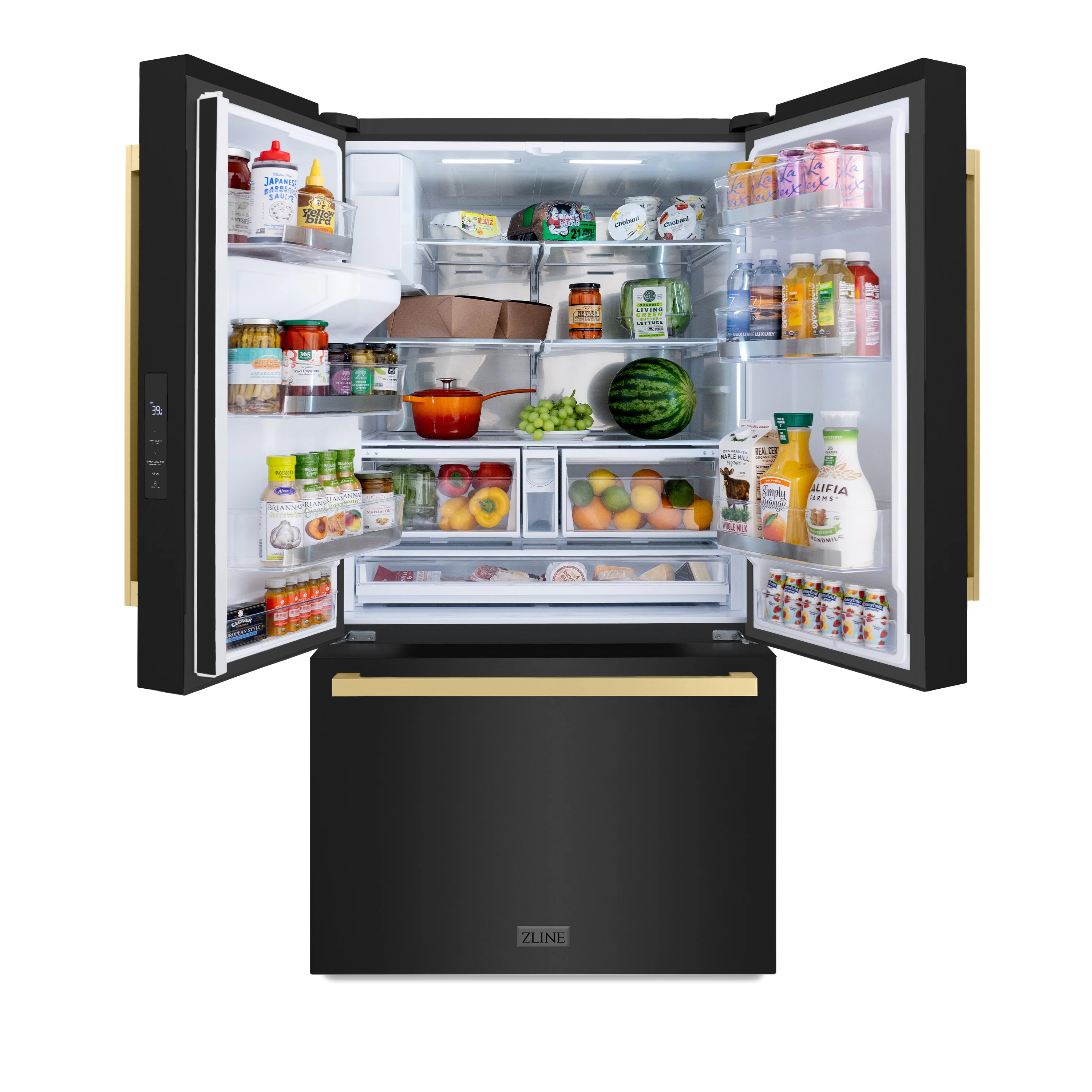ZLINE Autograph Edition 36 in. 28.9 cu. ft. Standard-Depth French Door External Water Dispenser Refrigerator with Dual Ice Maker in Black Stainless Steel and Champagne Bronze Square Handles (RSMZ-W-36-BS-FCB) - Image 6
