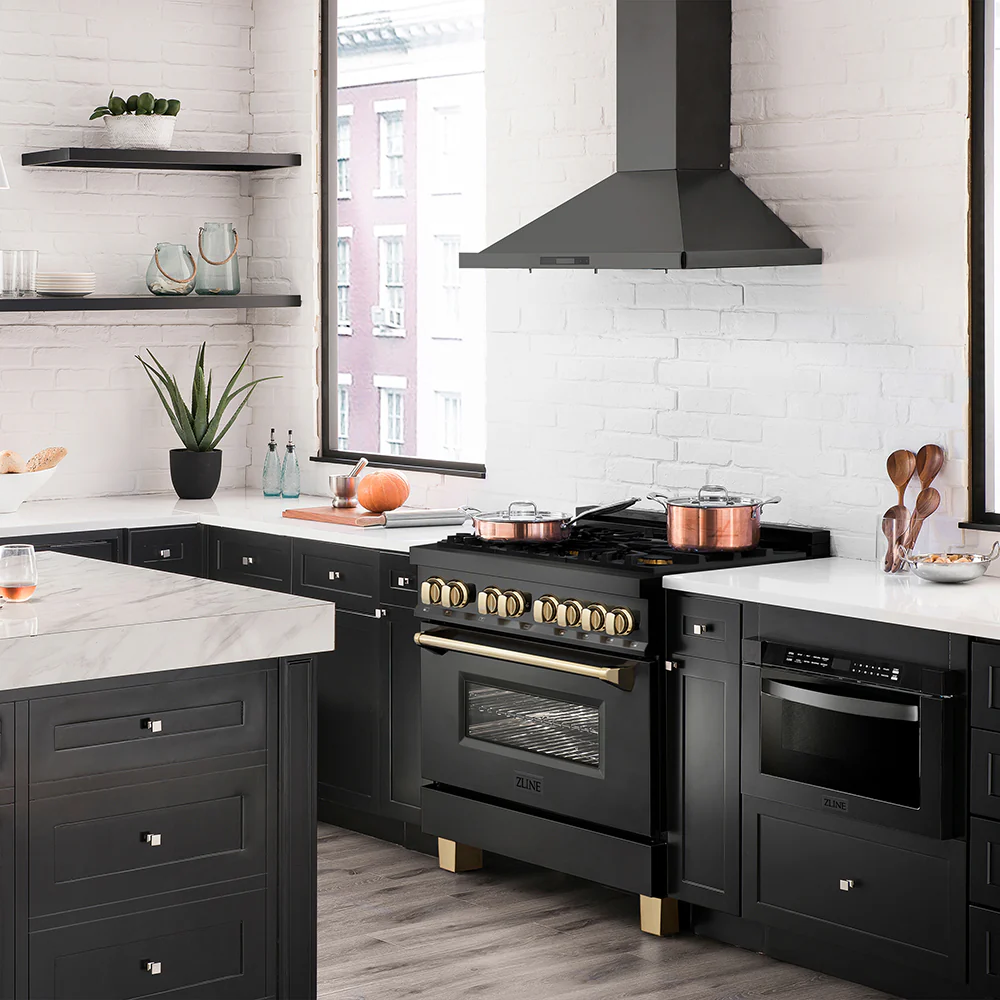 ZLINE Autograph Edition 36 in. 4.6 cu. ft. Legacy Dual Fuel Range with 6 Burner Gas Cooktop and Electric Convection Oven in Black Stainless Steel and Polished Gold Accents, Open Box-Great Condition - Image 2