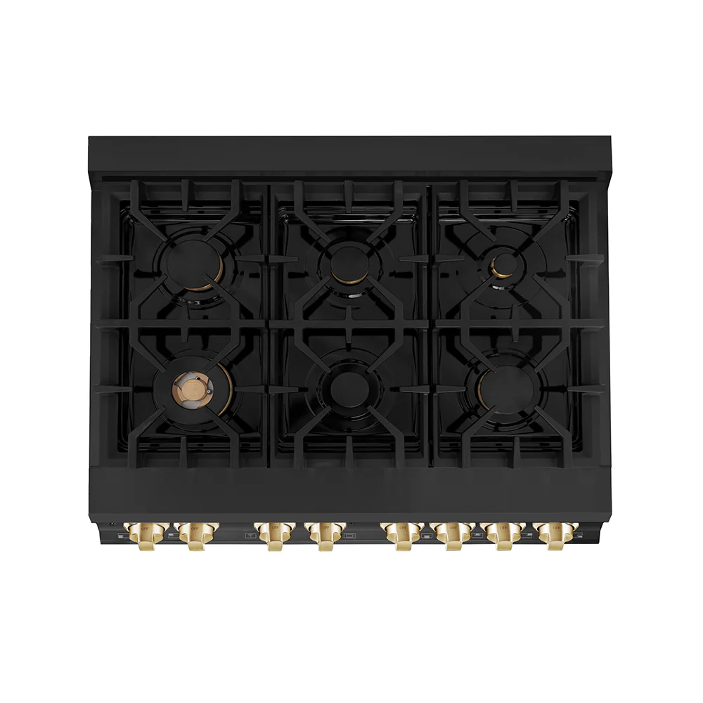 ZLINE Autograph Edition 36 in. 4.6 cu. ft. Legacy Dual Fuel Range with 6 Burner Gas Cooktop and Electric Convection Oven in Black Stainless Steel and Polished Gold Accents, Open Box-Great Condition - Image 3