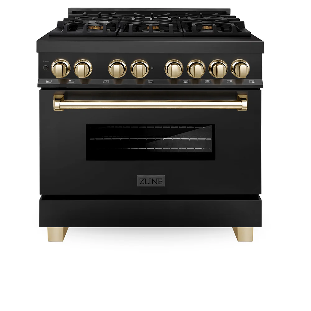 ZLINE Autograph Edition 36 in. 4.6 cu. ft. Legacy Dual Fuel Range with 6 Burner Gas Cooktop and Electric Convection Oven in Black Stainless Steel and Polished Gold Accents, Open Box-Great Condition - Image 4