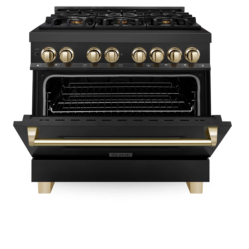 ZLINE Autograph Edition 36 in. 4.6 cu. ft. Legacy Dual Fuel Range with 6 Burner Gas Cooktop and Electric Convection Oven in Black Stainless Steel and Polished Gold Accents, Open Box-Great Condition - Image 5