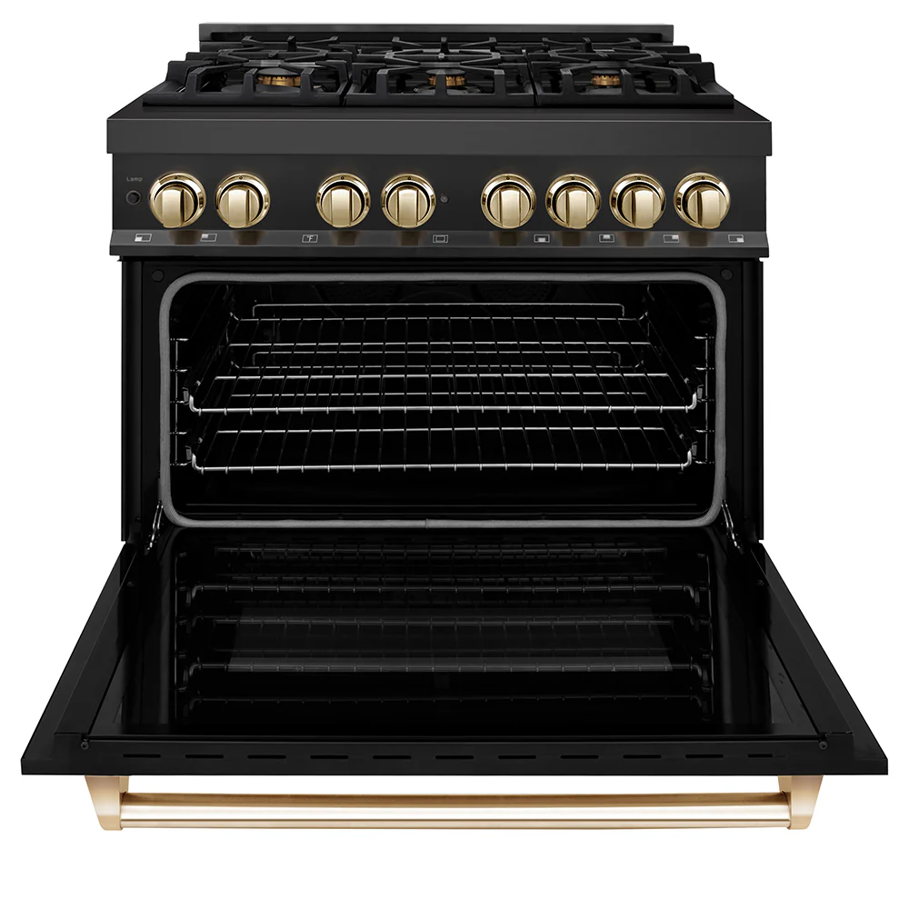 ZLINE Autograph Edition 36 in. 4.6 cu. ft. Legacy Dual Fuel Range with 6 Burner Gas Cooktop and Electric Convection Oven in Black Stainless Steel and Polished Gold Accents, Open Box-Great Condition - Image 6