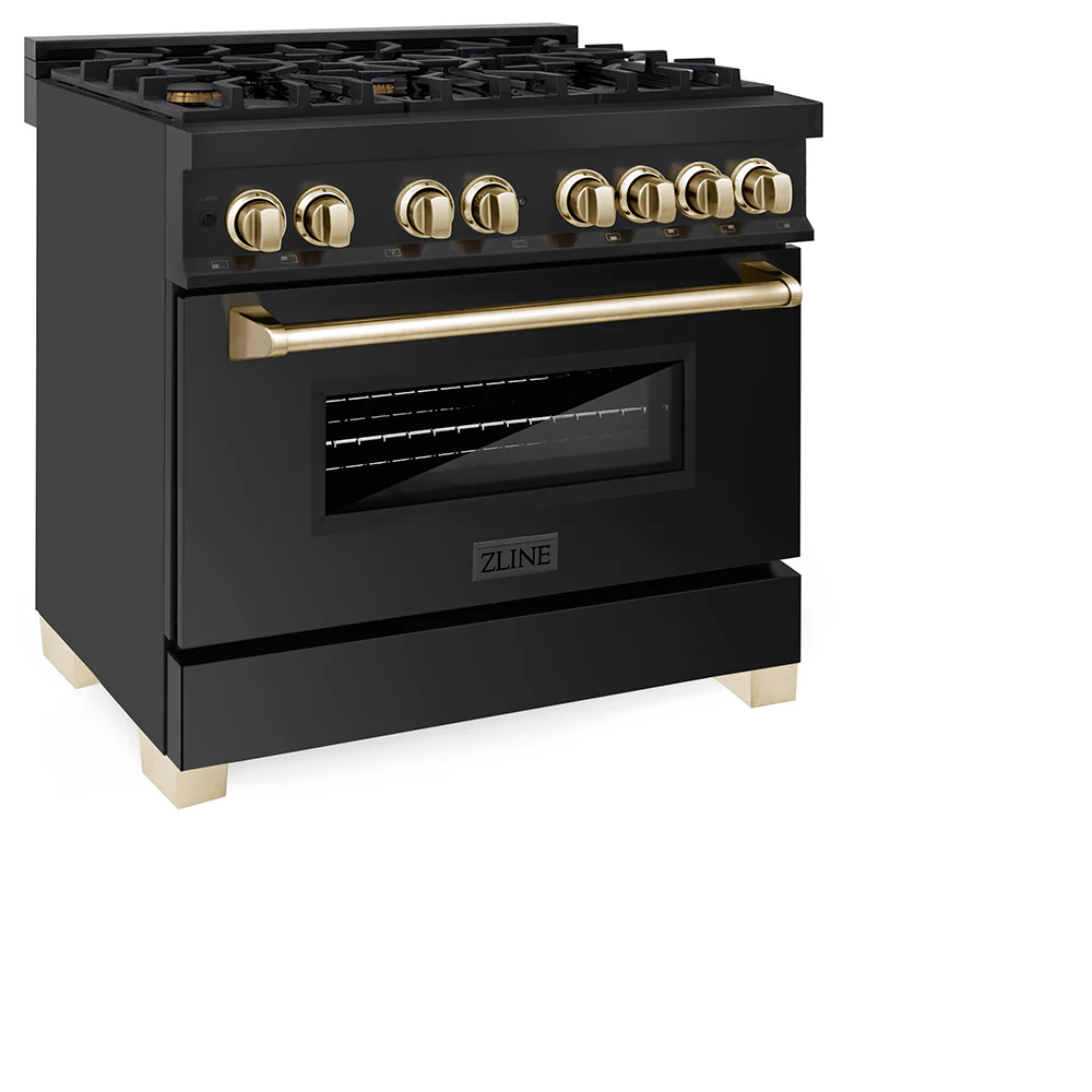 ZLINE Autograph Edition 36 in. 4.6 cu. ft. Legacy Dual Fuel Range with 6 Burner Gas Cooktop and Electric Convection Oven in Black Stainless Steel and Polished Gold Accents, Open Box-Great Condition - Image 7