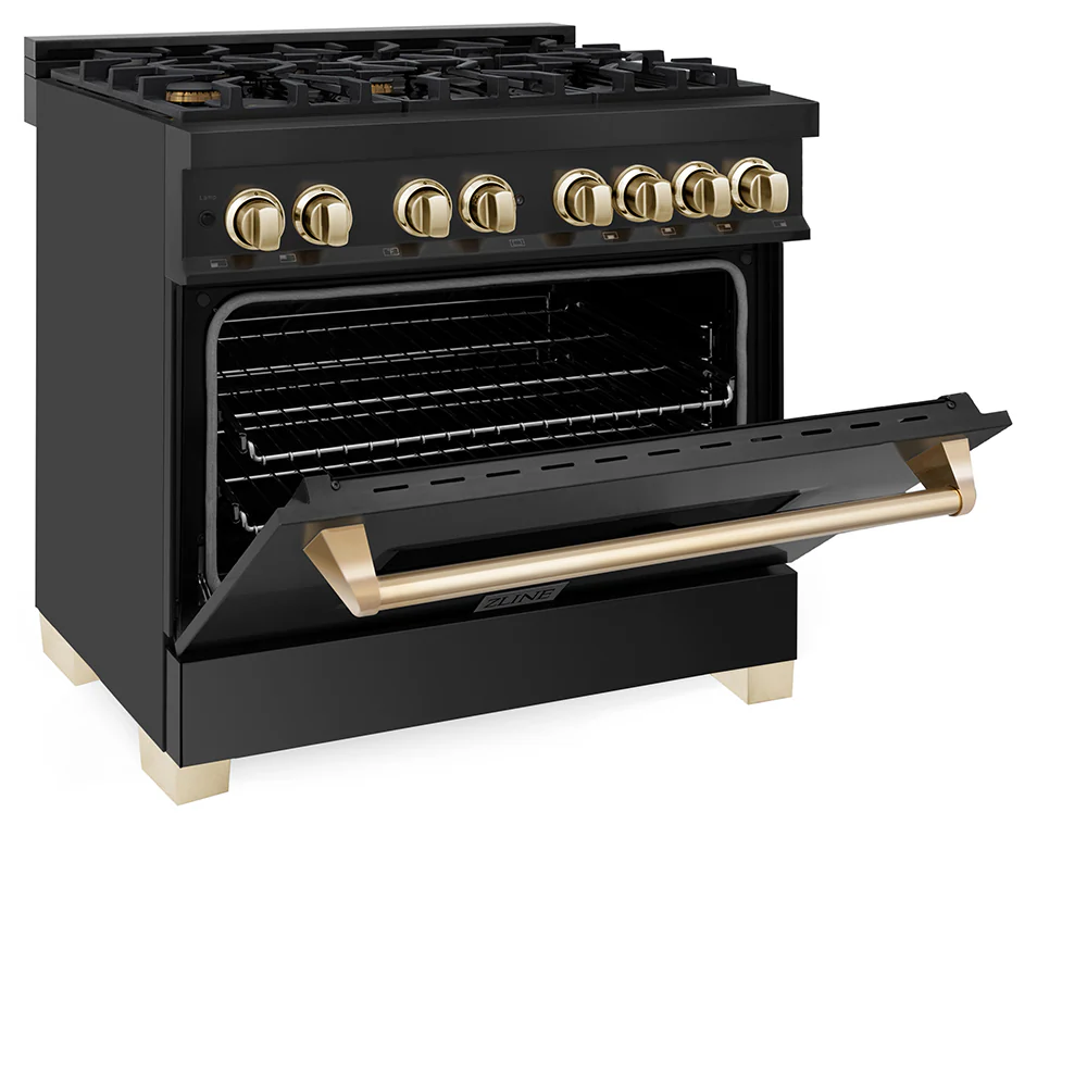 ZLINE Autograph Edition 36 in. 4.6 cu. ft. Legacy Dual Fuel Range with 6 Burner Gas Cooktop and Electric Convection Oven in Black Stainless Steel and Polished Gold Accents, Open Box-Great Condition - Image 8