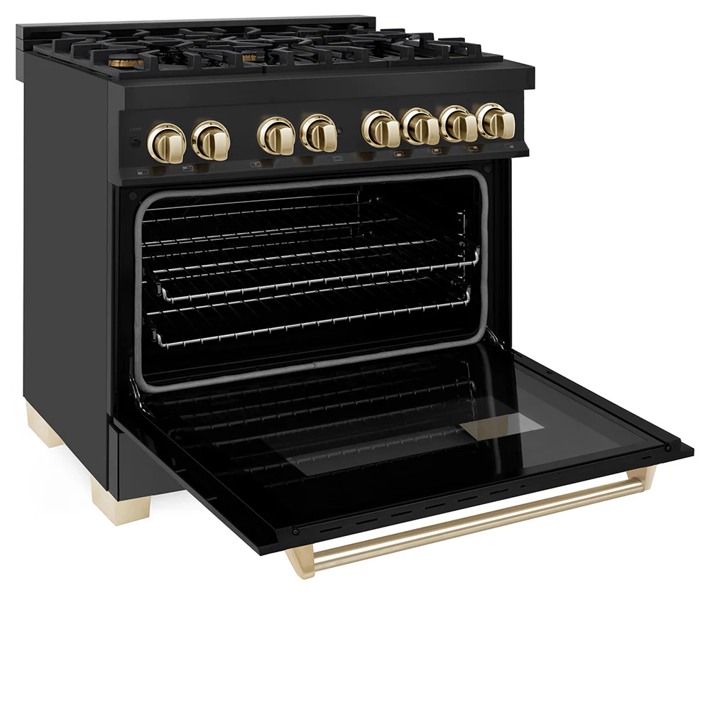 ZLINE Autograph Edition 36 in. 4.6 cu. ft. Legacy Dual Fuel Range with 6 Burner Gas Cooktop and Electric Convection Oven in Black Stainless Steel and Polished Gold Accents, Open Box-Great Condition - Image 9