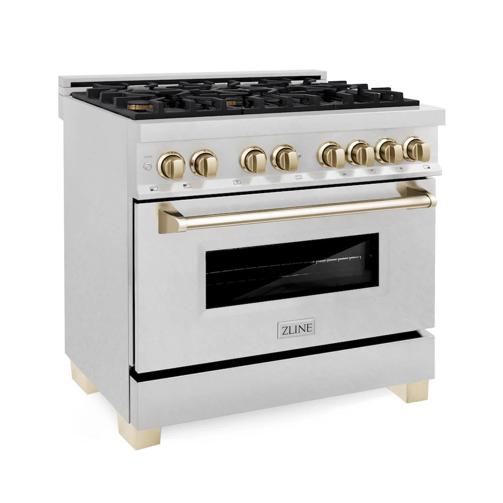 ZLINE Autograph Edition 36 in. 4.6 cu. ft. Legacy Dual Fuel Range with 6 Burner Gas Cooktop and Electric Convection Oven in Satin Stainless Steel and Polished Gold Accents, Open Box-Great Condition