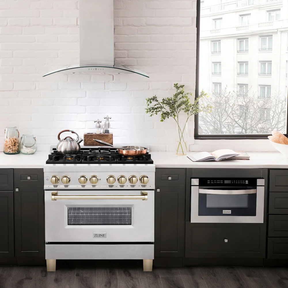 ZLINE Autograph Edition 36 in. 4.6 cu. ft. Legacy Dual Fuel Range with 6 Burner Gas Cooktop and Electric Convection Oven in Satin Stainless Steel and Polished Gold Accents, Open Box-Great Condition - Image 2