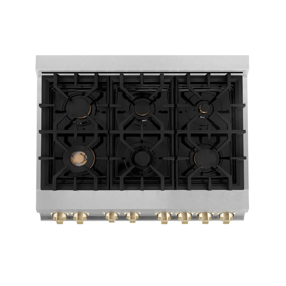 ZLINE Autograph Edition 36 in. 4.6 cu. ft. Legacy Dual Fuel Range with 6 Burner Gas Cooktop and Electric Convection Oven in Satin Stainless Steel and Polished Gold Accents, Open Box-Great Condition - Image 3