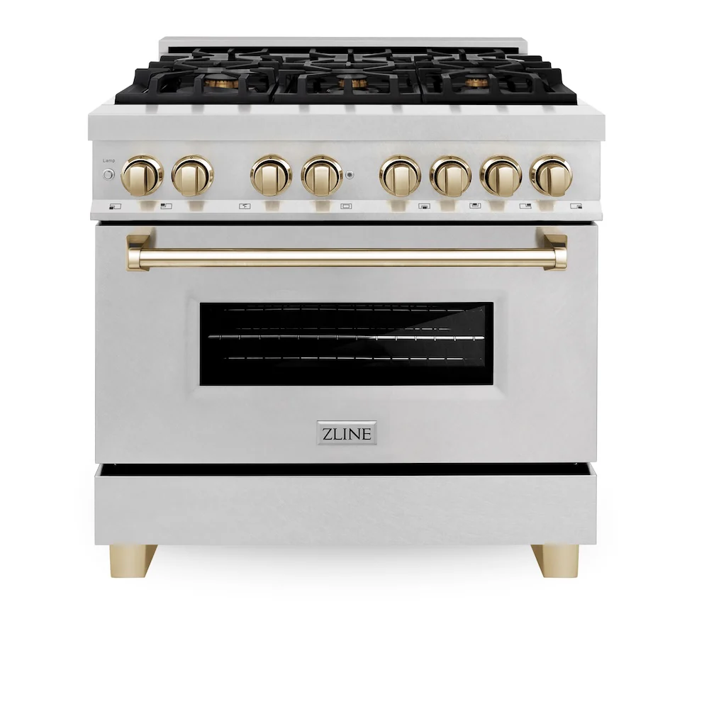 ZLINE Autograph Edition 36 in. 4.6 cu. ft. Legacy Dual Fuel Range with 6 Burner Gas Cooktop and Electric Convection Oven in Satin Stainless Steel and Polished Gold Accents, Open Box-Great Condition - Image 4