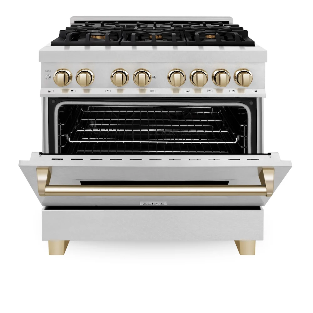 ZLINE Autograph Edition 36 in. 4.6 cu. ft. Legacy Dual Fuel Range with 6 Burner Gas Cooktop and Electric Convection Oven in Satin Stainless Steel and Polished Gold Accents, Open Box-Great Condition - Image 5