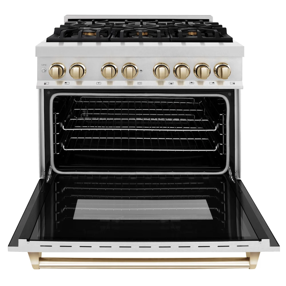 ZLINE Autograph Edition 36 in. 4.6 cu. ft. Legacy Dual Fuel Range with 6 Burner Gas Cooktop and Electric Convection Oven in Satin Stainless Steel and Polished Gold Accents, Open Box-Great Condition - Image 6