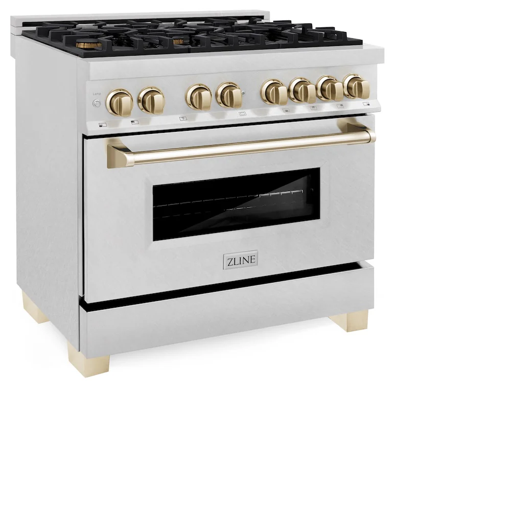 ZLINE Autograph Edition 36 in. 4.6 cu. ft. Legacy Dual Fuel Range with 6 Burner Gas Cooktop and Electric Convection Oven in Satin Stainless Steel and Polished Gold Accents, Open Box-Great Condition - Image 7