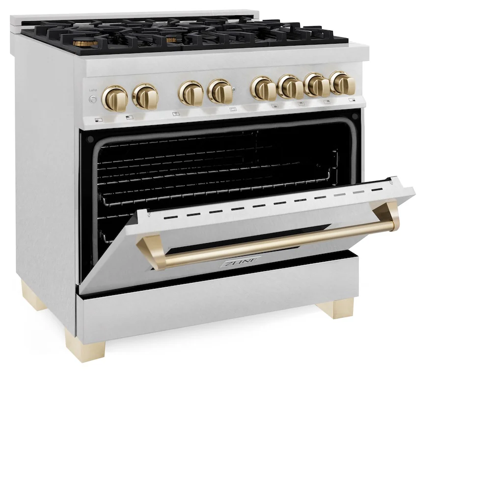 ZLINE Autograph Edition 36 in. 4.6 cu. ft. Legacy Dual Fuel Range with 6 Burner Gas Cooktop and Electric Convection Oven in Satin Stainless Steel and Polished Gold Accents, Open Box-Great Condition - Image 8