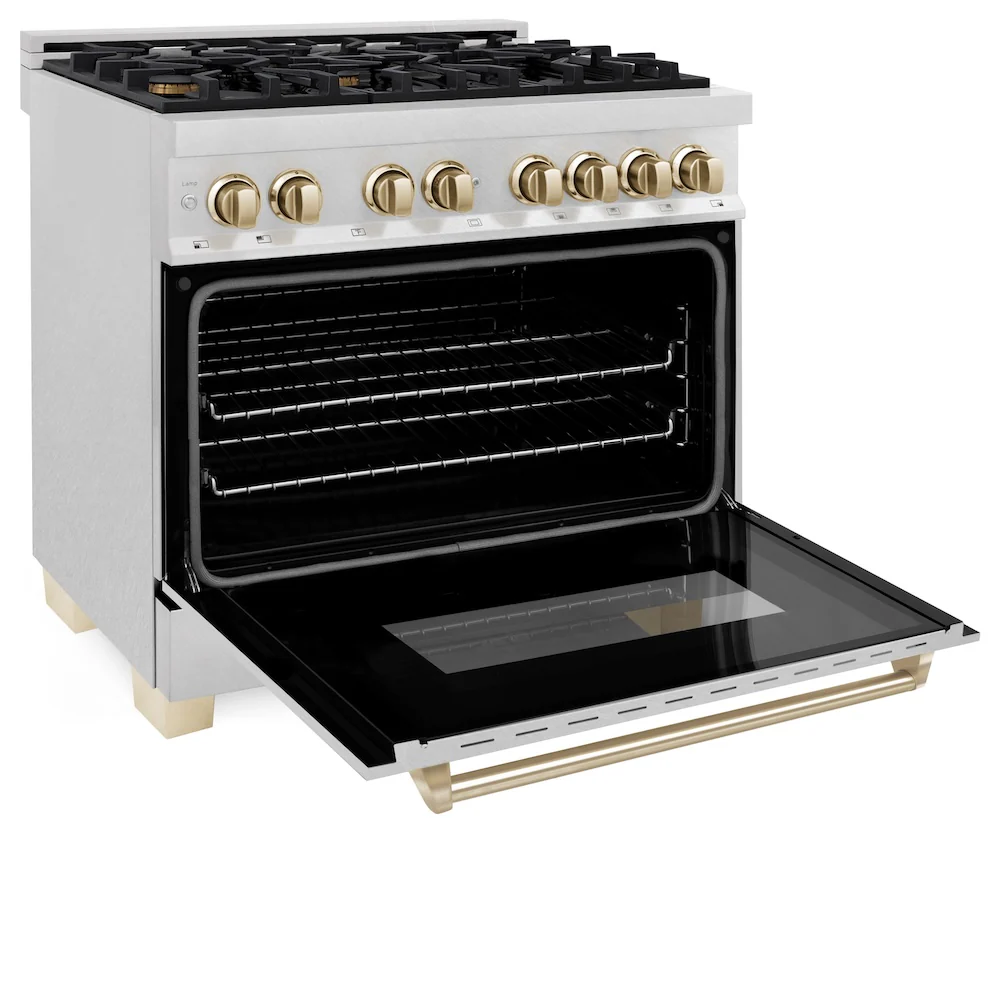 ZLINE Autograph Edition 36 in. 4.6 cu. ft. Legacy Dual Fuel Range with 6 Burner Gas Cooktop and Electric Convection Oven in Satin Stainless Steel and Polished Gold Accents, Open Box-Great Condition - Image 9